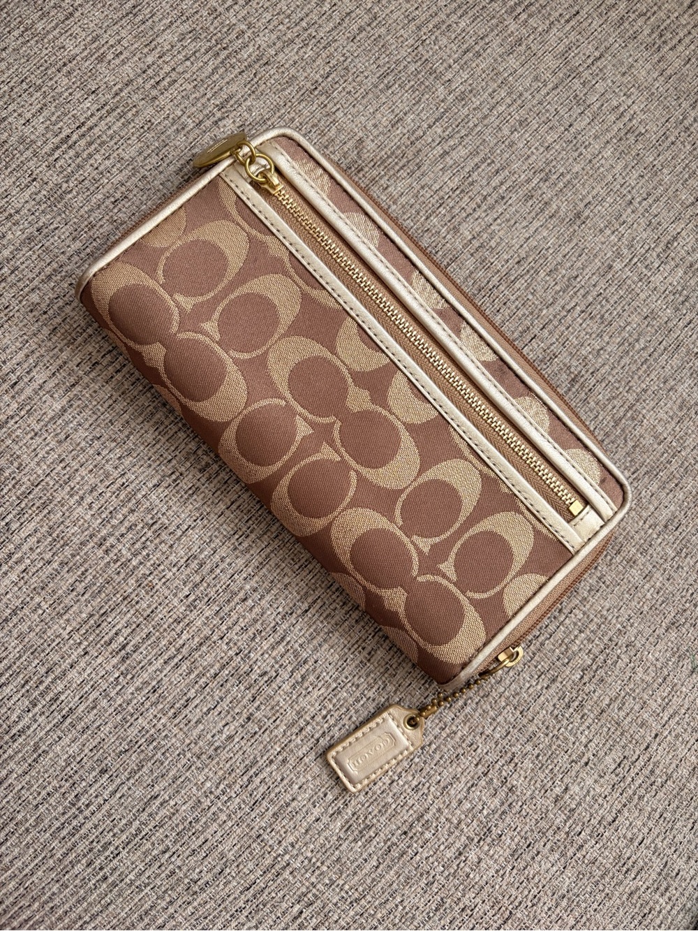 Coach Brown and Tan Signature Zip Wallet